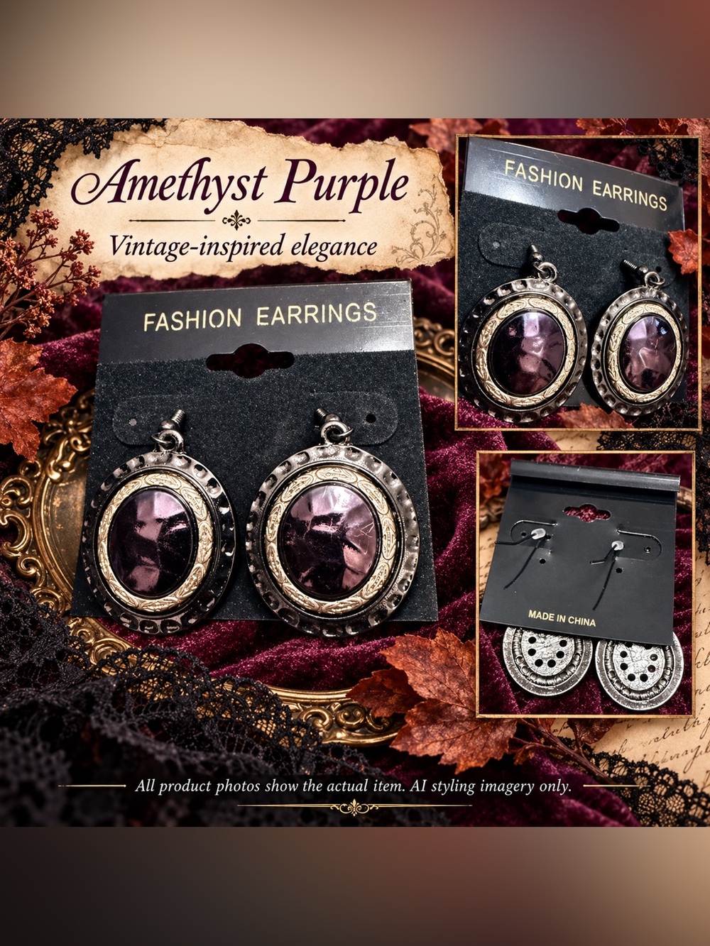 NWT Amethyst Purple Oval Drop Earrings Gothic Victorian Inspired Ornate Two Tone